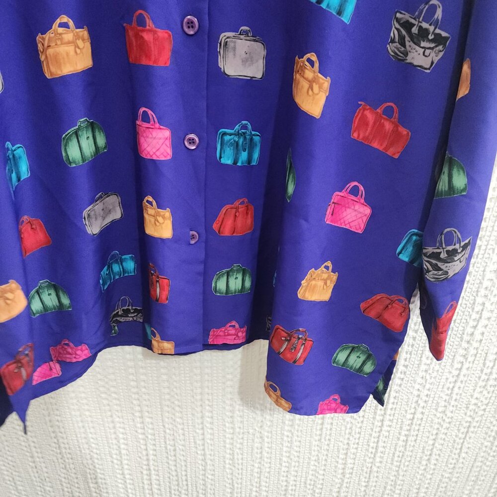 Vintage Maggie McNaughton handbag print colorful button up blouse Purple 3X - Picture 7 of 12